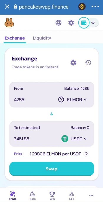 A screenshot of PancakeSwap's Exchange interface showing a swap from 4,286 ELMON tokens to an estimated 3,461.86 USDT at a price of 1.23806 ELMON per USDT, illustrating the user's reflection on the harsh crypto market conditions compared to the profitable GameFi and metaverse boom of 2021 with tokens like Raca, Elmon, He, Overlord, and Ceek.