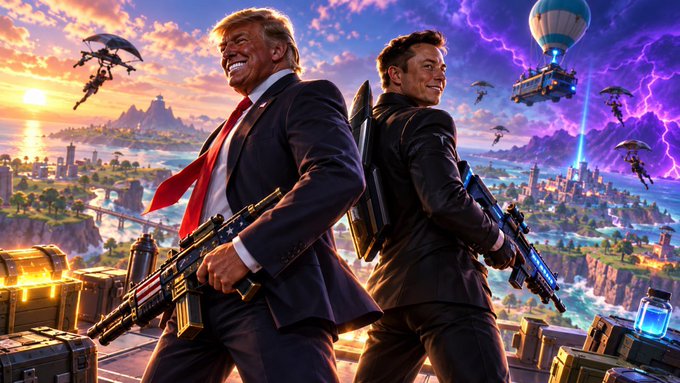 A dramatic digital artwork depicting Donald Trump and Elon Musk standing back-to-back in suits with large weapons, set against a vibrant battle royale-style landscape with parachuting figures, treasure chests, and a hot air balloon.