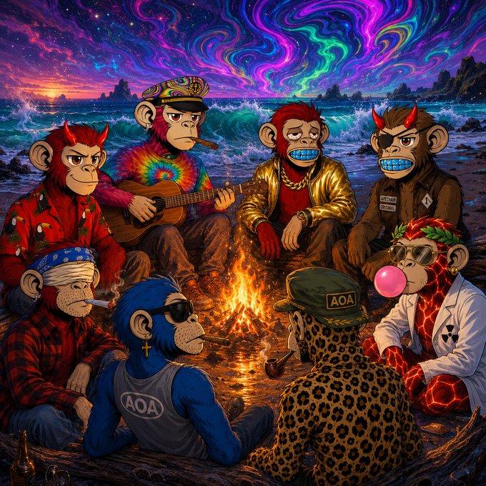 A vibrant psychedelic digital illustration of several stylized monkeys gathered around a beach campfire, with one playing guitar, another blowing bubble gum, under a swirling aurora-filled night sky.