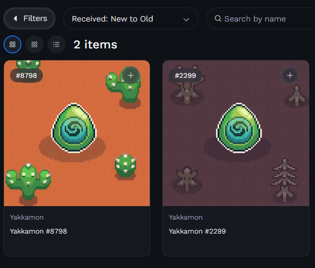 A digital marketplace listing showing 2 items labeled 'Yakkamon' with IDs #8798 and #2299, featuring green cactus characters and spiral eggs on orange and purple backgrounds.