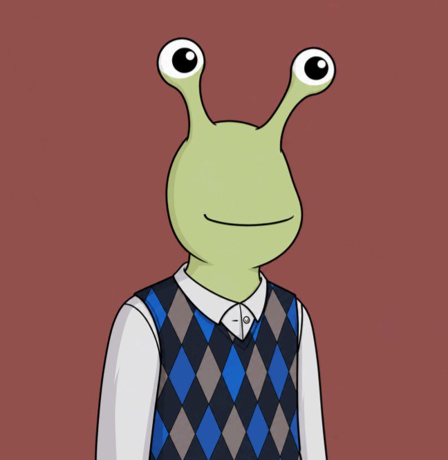 A cartoon illustration of a green alien-like character with two stalk eyes, smiling and wearing a white shirt under a blue and gray argyle sweater vest.