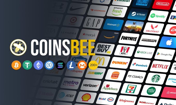 A promotional banner for 'COINSBEE' showing various brand logos including Amazon, Walmart, Starbucks, Netflix, McDonald's, Subway, Applebee's, Fortnite, Xbox Live, Google Play, Steam, Nike, and cryptocurrency icons like Bitcoin and Ethereum.