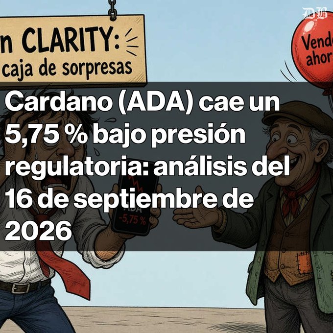 A Spanish-language news graphic reporting 'Cardano (ADA) cae un 5,75% bajo presión regulatoria: análisis del 16 de septiembre de 2026,' illustrated with a worried cartoon character.