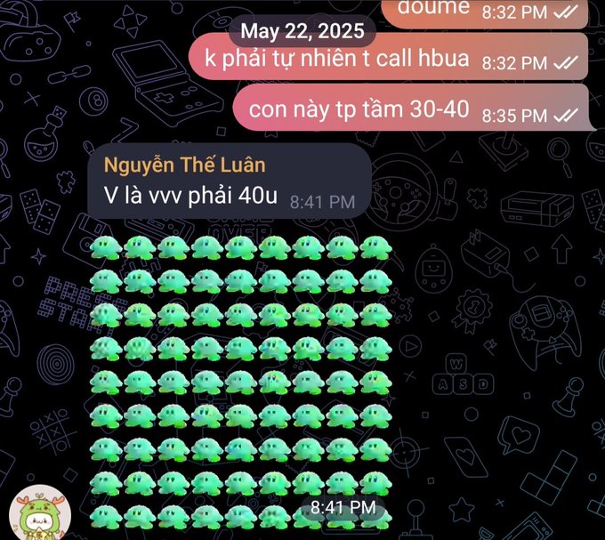 A Telegram chat screenshot dated May 22, 2025, showing a message from Nguyễn Thế Luân about age ('V là vvv phải 40u') followed by a flood of green frog emojis.