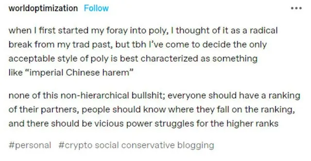 A screenshot of an Instagram post from user "worldoptimization" discussing their views on polyamory styles and relationship hierarchies, tagged #personal, #crypto, and #social conservative blogging.