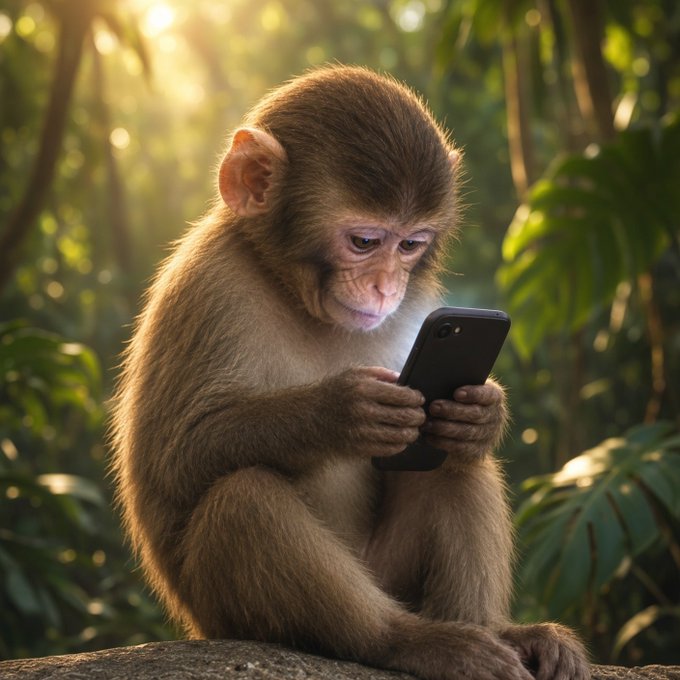 A young monkey sits on a rock in a sunlit jungle, intently gazing at and holding a smartphone as if checking its screen. The image humorously illustrates the post's message about being "not ready for what's coming $FONE," symbolizing unexpected, primate-level curiosity and attention being drawn to the featured ticker.