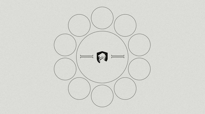 A minimalist diagram showing a circular arrangement of twelve empty circles surrounding a central shield logo containing a horse or lion emblem.