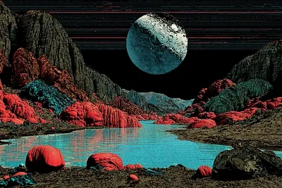 A surreal alien landscape featuring a large moon hanging over a turquoise lake, surrounded by rocky terrain in striking red, teal, and dark tones.