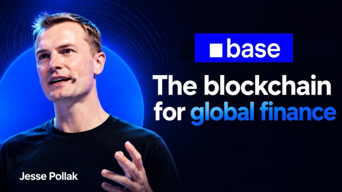 A promotional graphic features a man identified as 'Jesse Pollak' alongside the Base logo and the tagline 'The blockchain for global finance'.