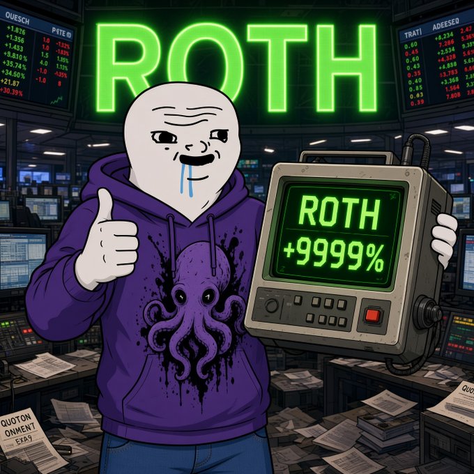 A meme-style illustration of a Wojak character in a purple hoodie with an octopus design, holding a monitor displaying 'ROTH +9999%' in a stock trading setting.