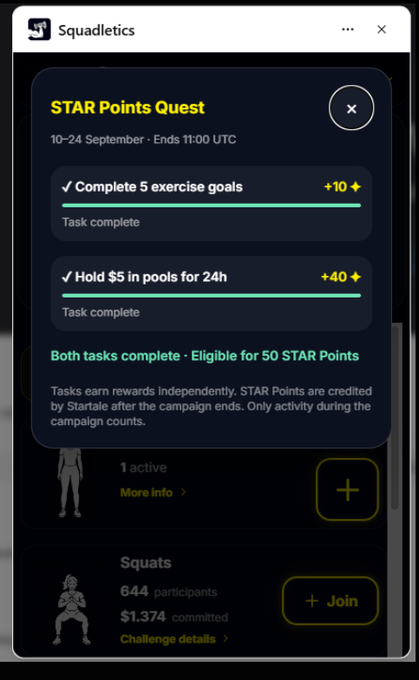 A mobile app screenshot for 'Squadletics' shows a 'STAR Points Quest' campaign dated 10-24 September, with both tasks completed: 'Complete 5 exercise goals' (+10) and 'Hold $5 in pools for 24h' (+40), making the user eligible for 50 STAR Points.