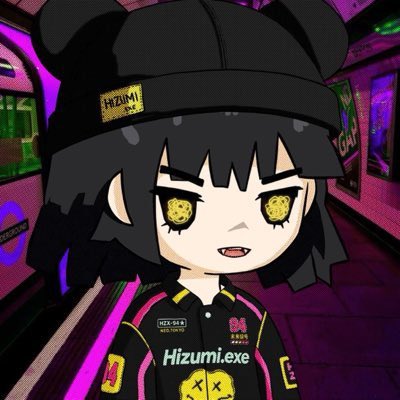 An anime-style character with black hair in buns and yellow eyes wears a black beanie and racing jacket featuring "HIZUMI" and "Hizumi.exe" branding, standing in a neon-lit arcade hallway.