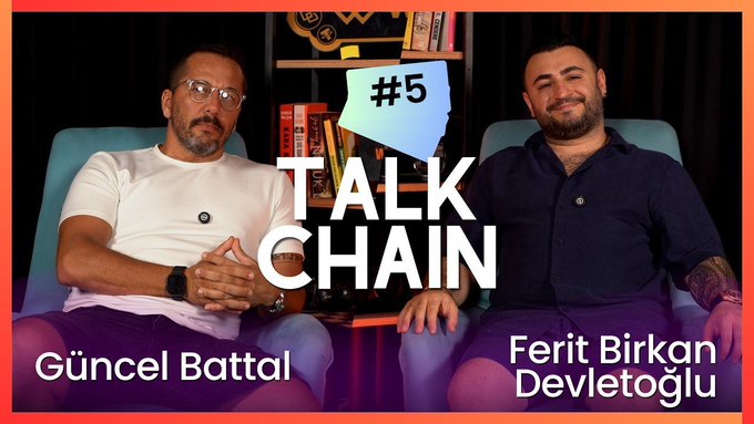 A promotional graphic for a podcast or video series titled 'TALK CHAIN #5' featuring two men, identified as 'Güncel Battal' on the left and 'Ferit Birkan Devletoğlu' on the right.