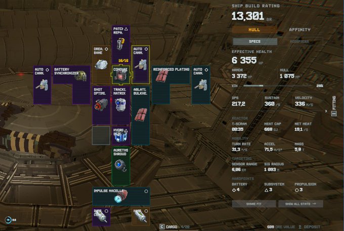A spaceship build customization screen displaying stats like 'SHIP BUILD RATING 13,301' and 'EFFECTIVE HEALTH 6,355', alongside equipment such as 'PATCI REPA.', 'OREA', and 'AUTO CANN.'.