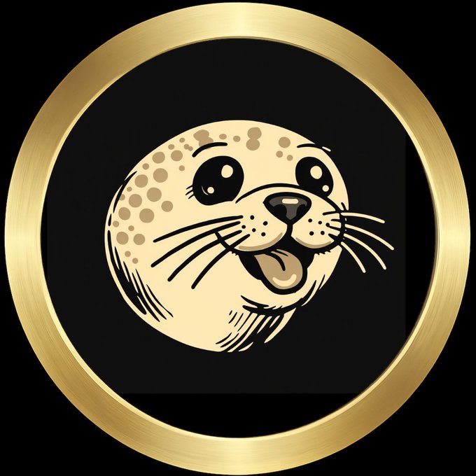 A circular gold-rimmed emblem on a black background featuring a cartoon spotted seal with whiskers and its tongue sticking out.