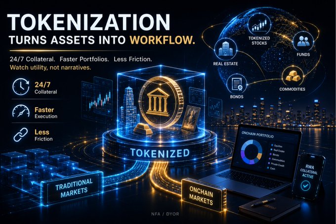 A promotional graphic titled 'TOKENIZATION TURNS ASSETS INTO WORKFLOW' highlighting benefits like 24/7 collateral, faster execution, and less friction, connecting traditional and onchain markets.