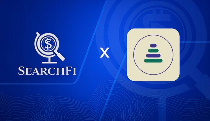 A graphic displays the logos for 'SEARCHFI' and another platform separated by an 'x' on a blue patterned background, suggesting a collaboration or partnership.