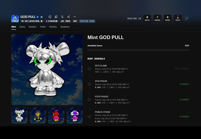 A webpage for a digital collectible called 'GOD PULL' featuring a silver, spiky-haired character against a blue sky, with a mint schedule detailing various phases and dates.