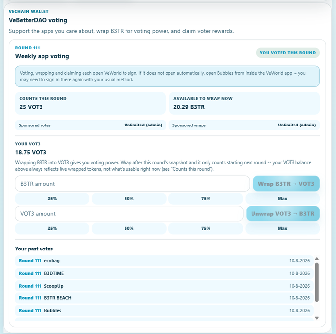 A Vechain Wallet screenshot showing 'VeBetterDAO voting' for Round 111 with 25 VOT3 counts and 20.29 B3TR available to wrap.
