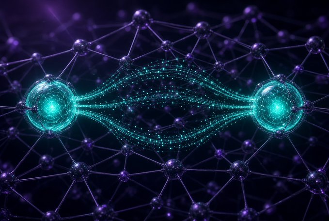 An abstract 3D rendering showing two glowing teal spheres connected by streams of particles, set against a purple molecular network background.