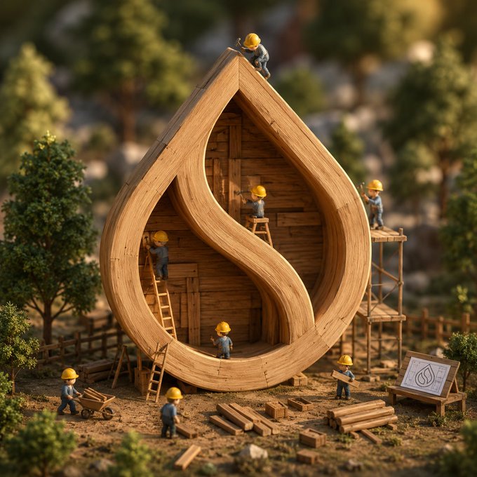 A miniature diorama scene showing tiny construction workers in hard hats building a large wooden structure shaped like a water droplet, with ladders, scaffolding, and a blueprint visible.