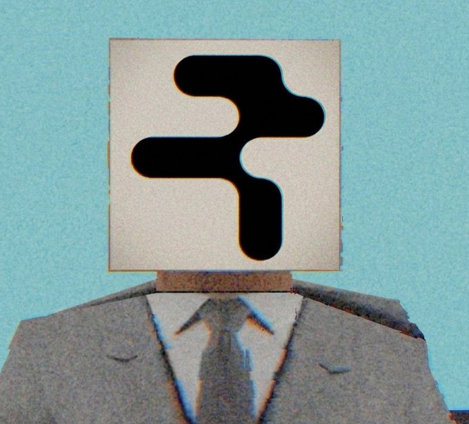 A surreal image of a figure in a gray suit with a blank sign featuring a black abstract logo where its head should be, set against a light blue background.
