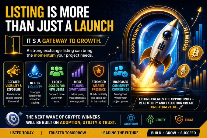 A crypto marketing banner titled 'LISTING IS MORE THAN JUST A LAUNCH - IT'S A GATEWAY TO GROWTH' featuring a rocket launching through a coin and icons for benefits like 'Greater Visibility & Exposure,' 'Better Liquidity,' and 'Stronger Market Presence.'