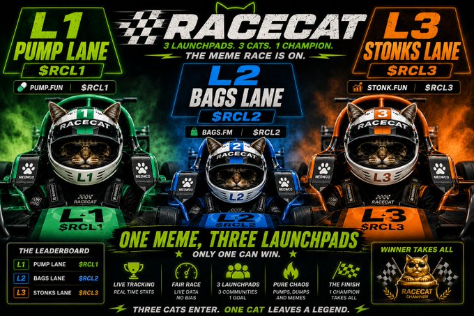 A promotional graphic for 'RACECAT' featuring three cats in racing helmets (L1 PUMP LANE, L2 BAGS LANE, L3 STONKS LANE) with the tagline '3 LAUNCHPADS. 3 CATS. 1 CHAMPION.'