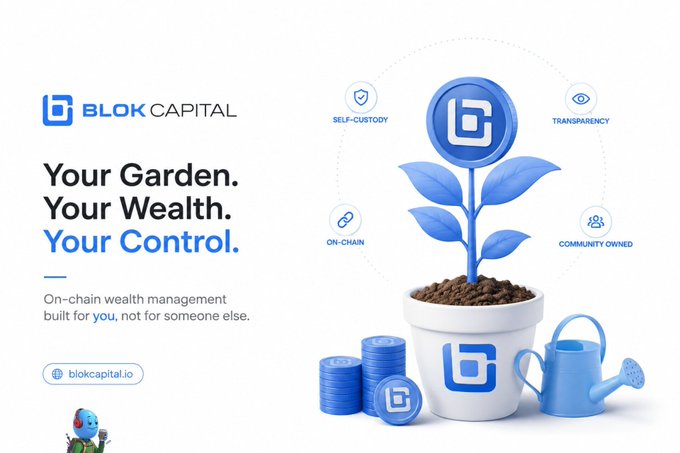 An advertisement for BLOK CAPITAL reads 'Your Garden. Your Wealth. Your Control. On-chain wealth management built for you, not for someone else.' with a blue flower growing from a pot next to coins and a watering can, and icons for SELF-CUSTODY, TRANSPARENCY, ON-CHAIN, and COMMUNITY OWNED.