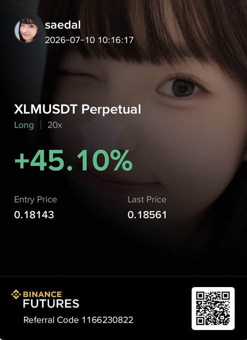 The image shows a Binance Futures trading position shared by user "saedal," highlighting a +45.10% gain on an XLMUSDT Perpetual long position at 20x leverage, with entry at 0.18143 and last price at 0.18561, while the post playfully jokes about profiting from "dogshit" pumping despite the user's mock protest against referral promotion shown at the bottom.