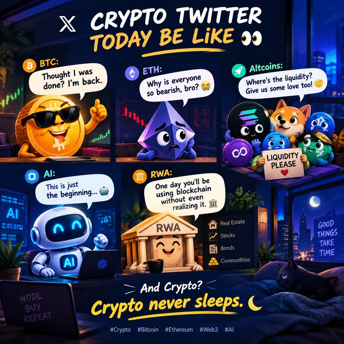 A colorful cartoon-style infographic titled 'Crypto Twitter Today Be Like' featuring mascots for BTC, ETH, Altcoins, AI, and RWA, each with humorous speech bubbles, ending with the slogan 'Crypto never sleeps.'