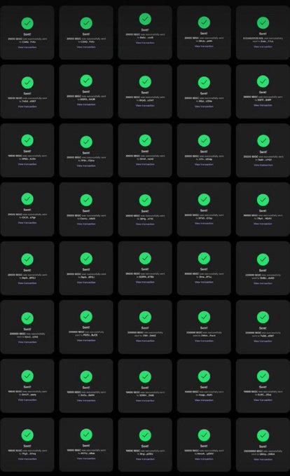 The image displays a grid of identical notification cards, each showing a green checkmark and a "Sent!" confirmation along with a Solana ($SOL) address beginning with "9G39S" and a timestamp around "11:43, 23 Aug," indicating successful transactions. The image appears to serve as visual "proof" to support the post's claim of sending 50 USDT/SOL to users who dropped their addresses, attempting to verify the giveaway by showing multiple completed transfers.
