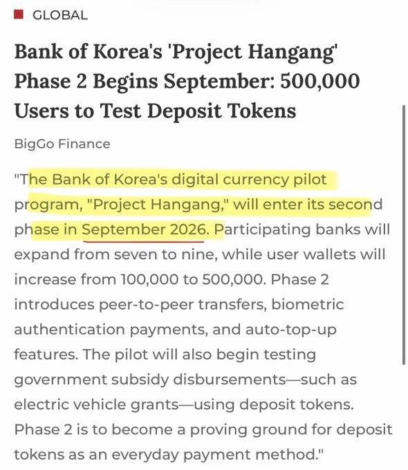 A news article titled "Bank of Korea's 'Project Hangang' Phase 2 Begins September: 500,000 Users to Test Deposit Tokens," published by BigGo Finance, announces that the Bank of Korea's digital currency pilot will expand from 100,000 to 500,000 user wallets and from seven to nine participating banks, with new features including peer-to-peer transfers, biometric authentication, and government subsidy disbursements.