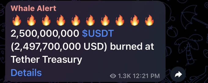 The image shows a "Whale Alert" notification with fire emojis announcing that 2,500,000,000 USDT ($2,497,700,000 USD) was burned at the Tether Treasury, viewed by 1.3K at 12:21 PM. This directly illustrates the post's message about $2.5B in USDT liquidity being removed from the Ethereum network through burning, which the post characterizes as a bearish signal.