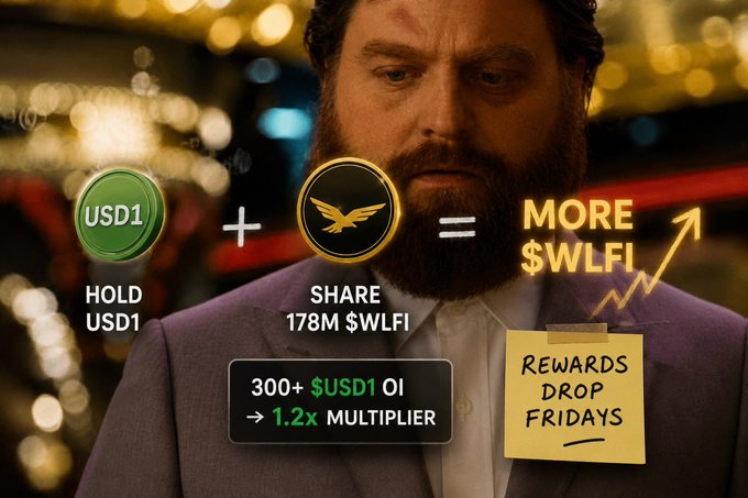 A promotional image featuring a bearded man overlaid with graphics explaining USD1 + $WLFI yields, showing 178M $WLFI to share, a 1.2x multiplier for 300+ $USD1 OI, and rewards dropping Fridays.