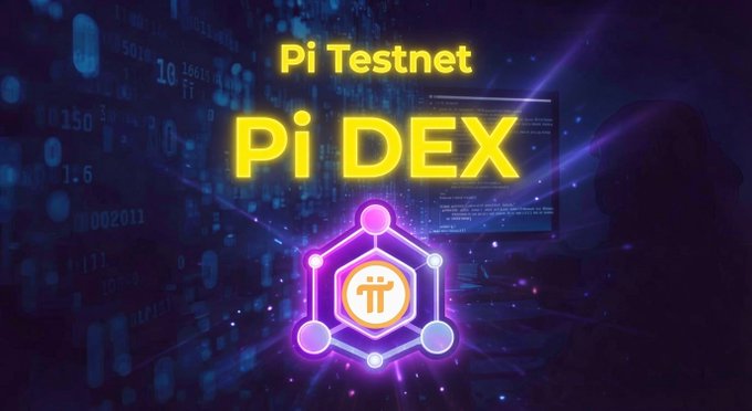 The image displays "Pi Testnet" and "Pi DEX" in glowing yellow text above the Pi Network hexagonal logo, set against a dark background of digital code. It visually represents the Pi DEX currently in its testnet phase, aligning with the post's discussion about why the mainnet launch of the decentralized exchange is being delayed.