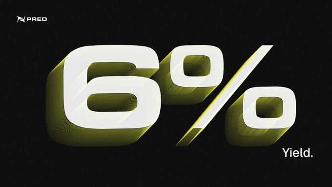 Dark promotional graphic featuring the PRED logo, large '6%' text with yellow glow effects, and the word 'Yield.' on a black background.
