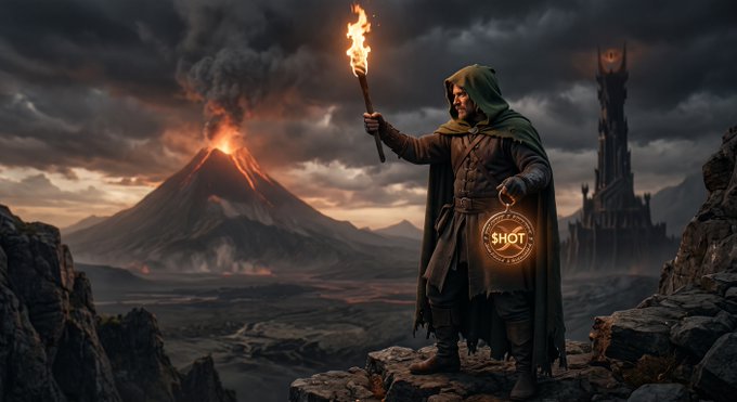 A hooded figure holding a torch stands on a rocky cliff, with an erupting volcano and a dark tower in the background, holding a glowing medallion labeled "SHOT"—a dramatic visual parallel to the message about $HOT and the Holochain ecosystem being the "one architecture" rising above traditional blockchains in a volatile landscape.
