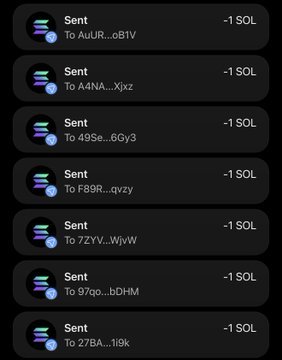 The image shows a transaction history displaying multiple "Sent" entries, each deducting -1 SOL to various wallet addresses (ending in oB1V, Xjxx, 6Oy3, qvzy, WjvW, bDHM, and 19ik), likely providing proof of SOL transfers to support the giveaway promise mentioned in the accompanying post.