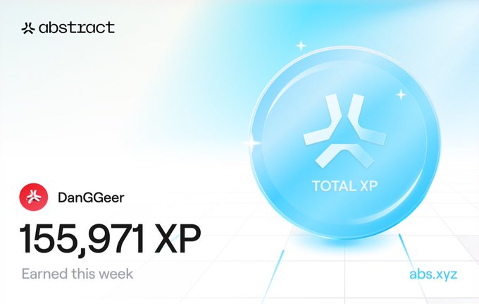 An XP earnings dashboard from "abstract" showing user "DanGGeer" earned "155,971 XP" this week, featuring a glowing blue sphere with an X logo and "TOTAL XP" text.