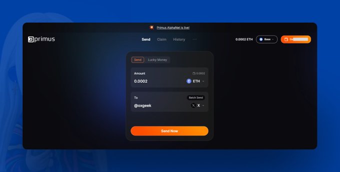 A dark-themed “primus” cryptocurrency wallet interface shows the Send tab selected, with 0.0002 ETH addressed to “@orqeek” and an orange “Send Now” button.