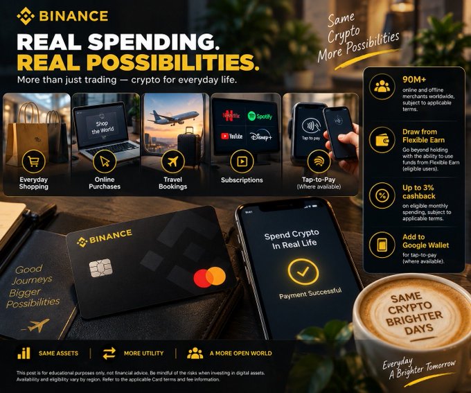 A promotional graphic for the Binance crypto card, featuring the headlines 'REAL SPENDING. REAL POSSIBILITIES.' and advertising 3% cashback and '90M+' eligible merchants.