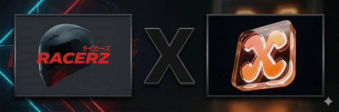 The image features a banner that says "We're glad to announce our collaboration with @Racerz_eth The galactic race has begun, and the Xeeters are ready for the ride." This banner is displayed against a black background with neon lights. There are two images in the image - one of a helmet and another of an orange X. These images are positioned above the text that reads "Xx".