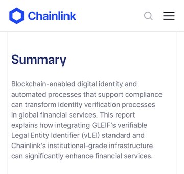 A webpage screenshot showing a Chainlink article titled 'Summary' with text about blockchain-enabled digital identity and automated processes for compliance in financial services.