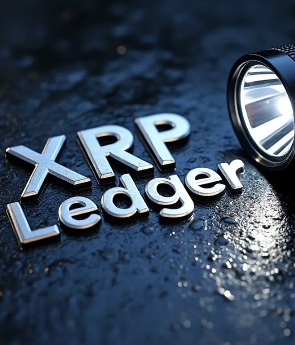 3D rendered image displaying 'XRP Ledger' text with a flashlight on a wet dark surface.