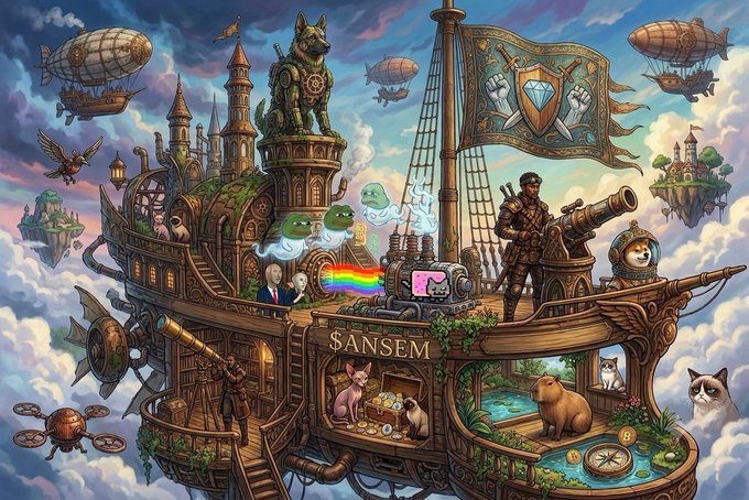 A fantastical airship populated with various characters, animals, and whimsical creatures floats through the clouds, featuring the name "SANSEM" prominently on its side. The image aligns with the post's adventurous spirit, promoting the cryptocurrency $ANSEM with a call to "LETS RIDE!" in a vibrant, imaginative style.