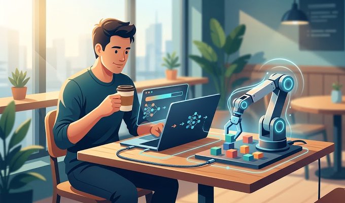 The image features a man sitting at a table with his laptop open in front of him. He has a cup of coffee next to him as he works or browses the internet. The scene takes place in an office setting, possibly a cafe or a workspace within a building. There are several potted plants around the room, adding some greenery and life to the environment. A chair is also visible near the table where the man sits.
