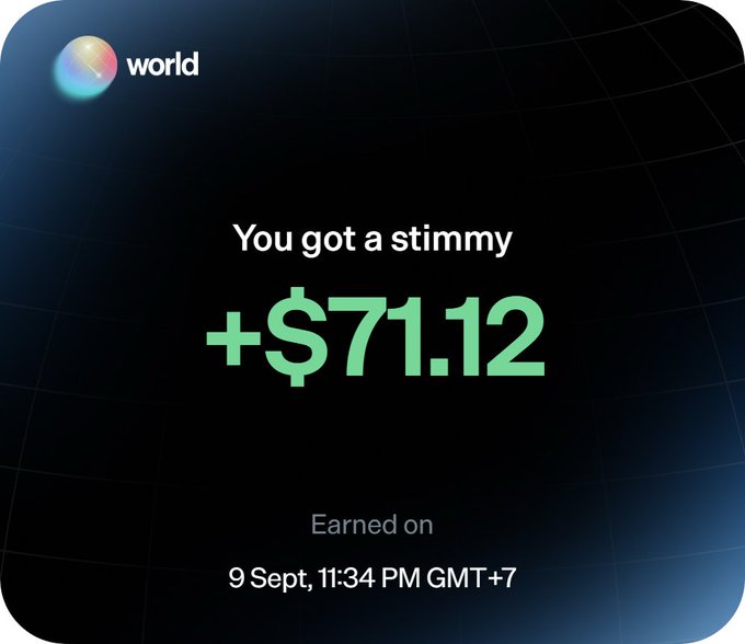A screenshot from the World app showing a reward notification: 'You got a stimmy +$71.12 Earned on 9 Sept, 11:34 PM GMT+7'.
