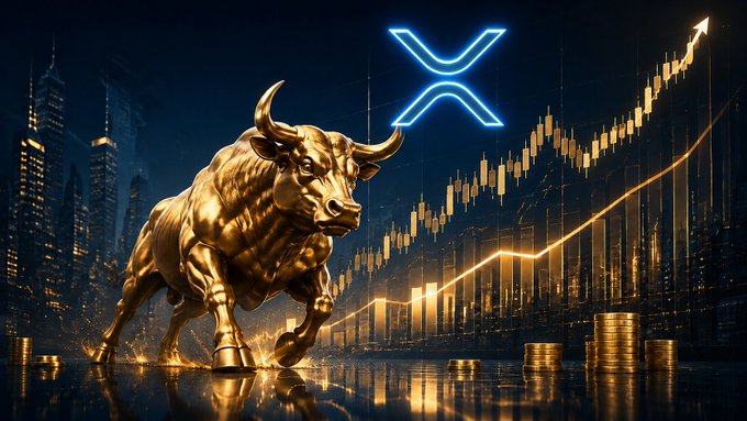 A golden bull charges forward against a dark cityscape backdrop, with a glowing blue XRP logo above an upward-trending candlestick chart and an arrow pointing skyward, visually reinforcing the post's bullish message about record XRP ETF inflows of $110.49M weekly.