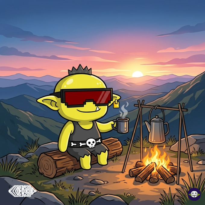 A cartoon goblin wearing red pixelated sunglasses and a skull-emblazoned black outfit sits on a log, holding a steaming mug beside a campfire with a hanging kettle, all set against a mountain sunset. The scene captures the relaxed, "good vibes" GM spirit of the post, with the goblin character aligning with the #GoblinSaga theme while enjoying a peaceful moment atop the market "mountains."